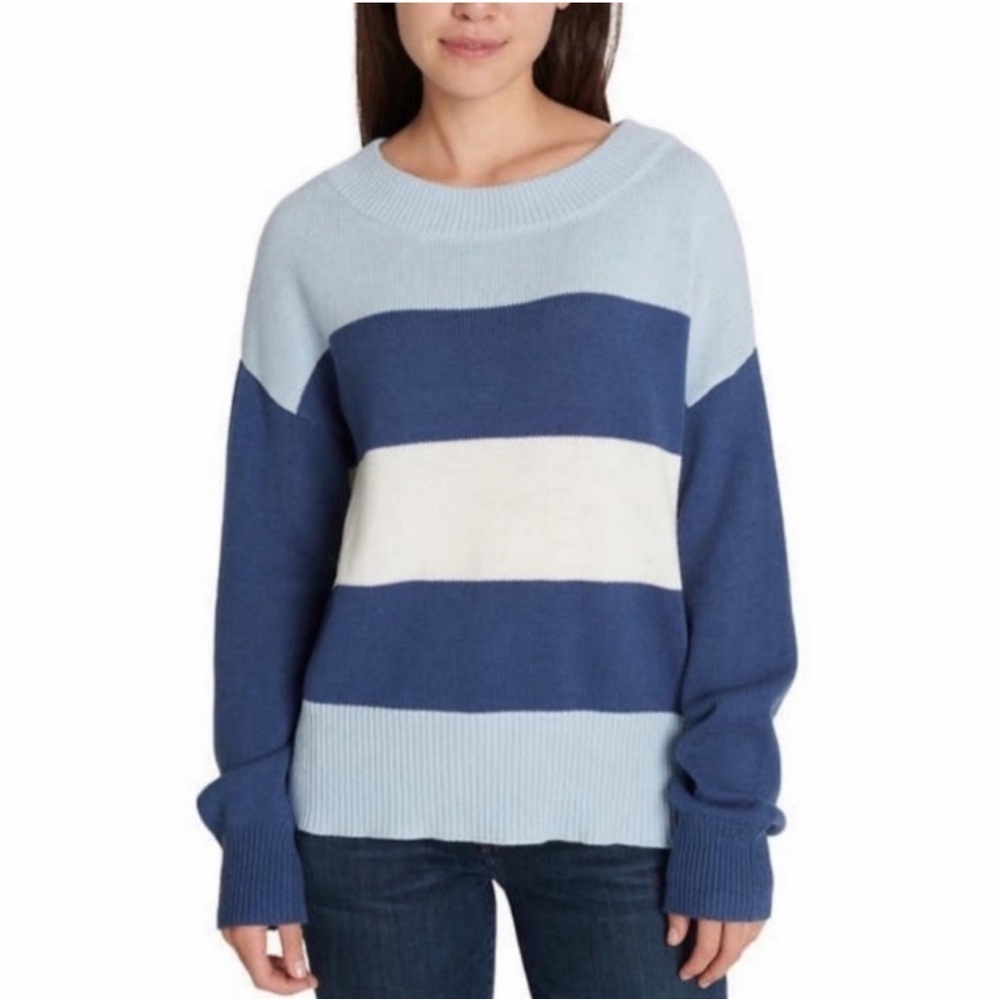 Lucky Brand Blue & White Striped Oversized Relaxed Cozy Fall Sweater Women’s L